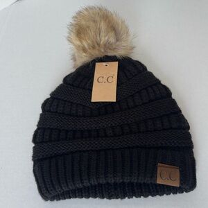 C.C || woman’s Black Beanie with Tan Faux Fur Pom one size